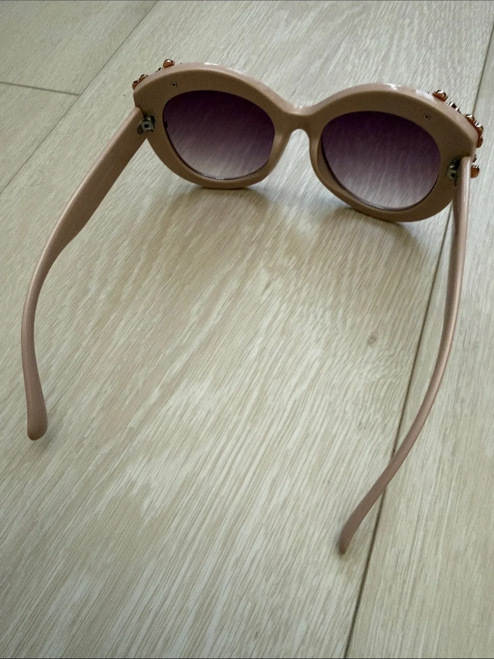 Betsey Johnson Nude Pink Round Sunglasses with Rose Gold Floral Accents